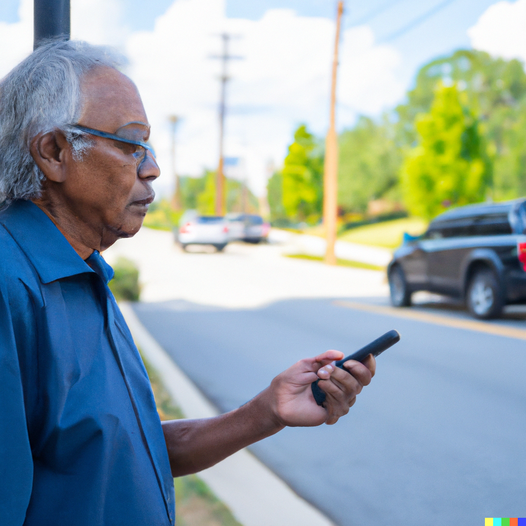 An elderly person standing by the roadside, using a cellphone to wait for an Uber ride.